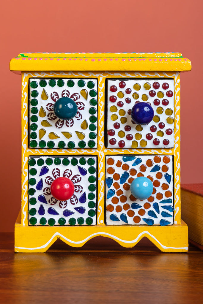 Yellow Mosaic Pattern 4 Drawer Wooden Spice Box