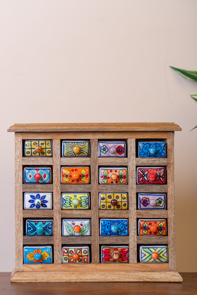 Natural Wooden Chest with 20 Ceramic Drawers