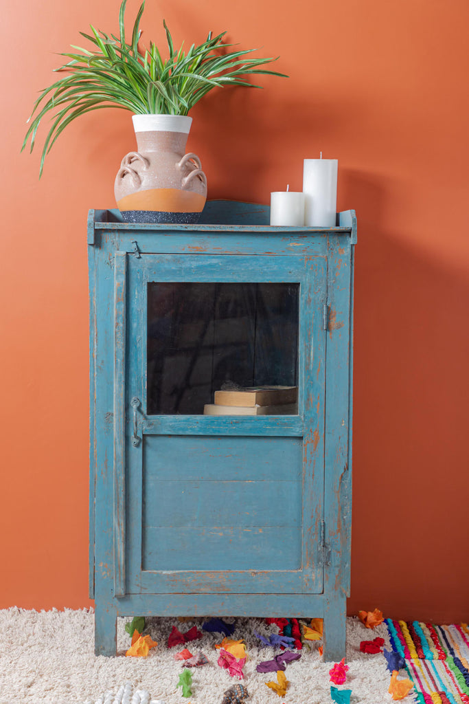 Vintage Blue Single Door Cabinet with Showcase