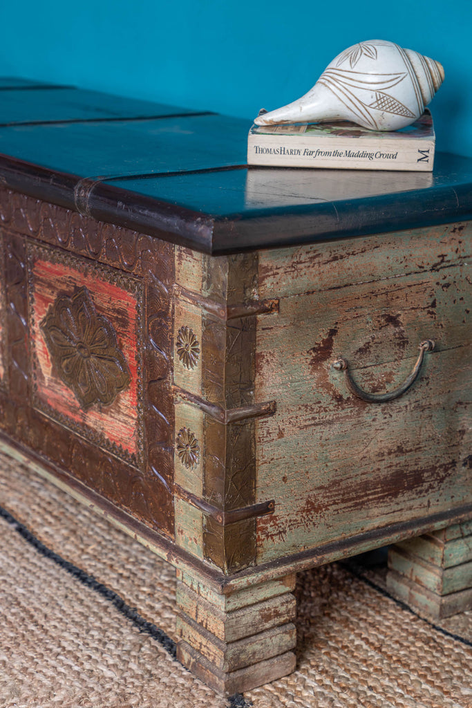 Copper Reclaimed Wooden Trunk with Brass Trim