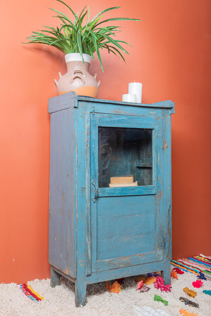 Vintage Blue Single Door Cabinet with Showcase