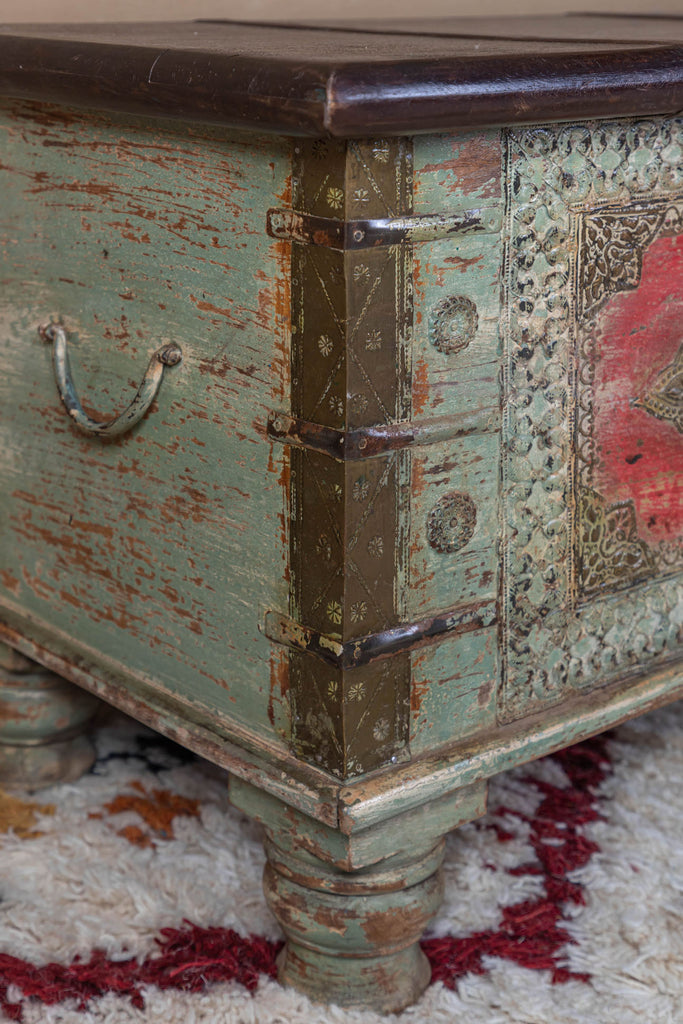 White-Pink Reclaimed Wooden Trunk with Brass Trim