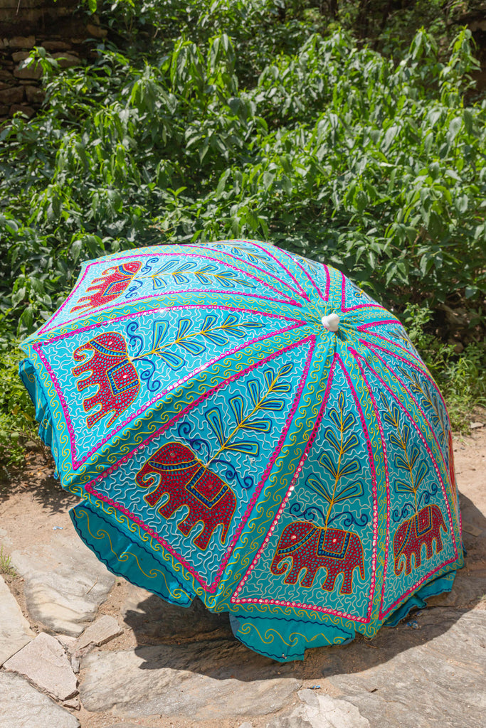 Turquoise Hand Embroidered Cotton Garden Umbrella