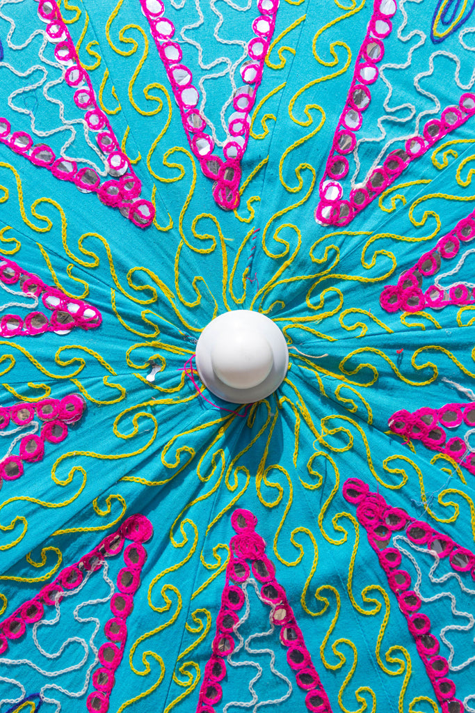 Turquoise Hand Embroidered Cotton Garden Umbrella