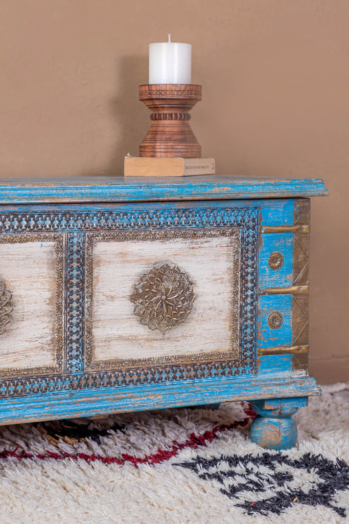 White-Blue Reclaimed Wooden Trunk with Brass Trim