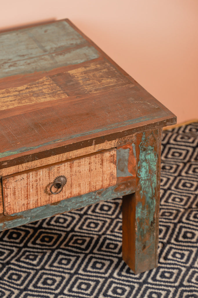 Blue-Brown Vintage Wooden Study table with 2 Drawers 