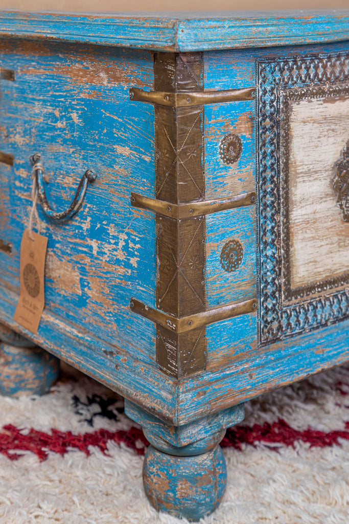 White-Blue Reclaimed Wooden Trunk with Brass Trim