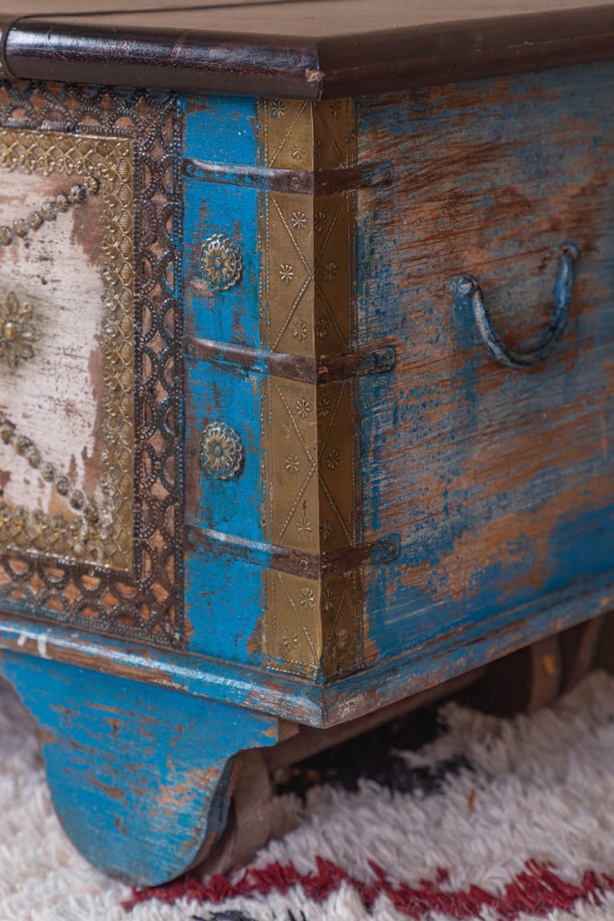 Blue-White Reclaimed Wooden Trunk with Brass Trim