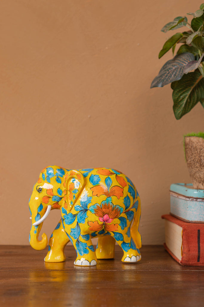 Yellow Wooden Elephant with Blue Pottery Work
