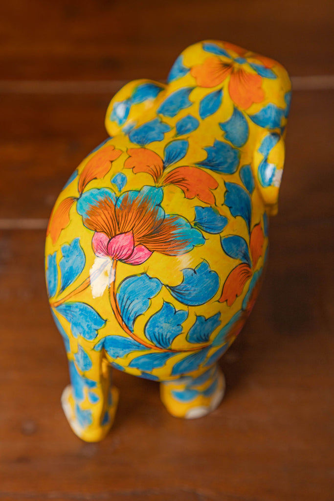 Yellow Wooden Elephant with Blue Pottery Work