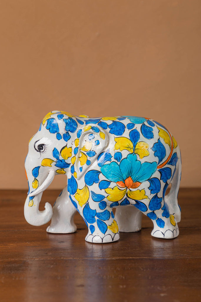 White Wooden Elephant with Blue Pottery Work