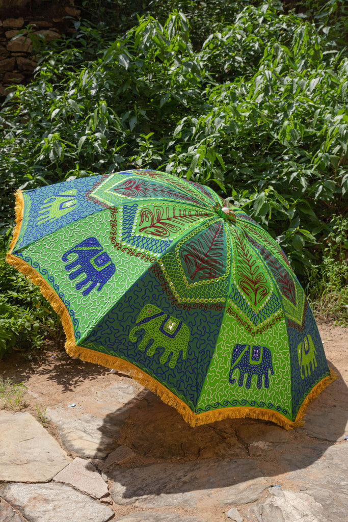 Dark Green Hand Embroidered Cotton Garden Umbrella