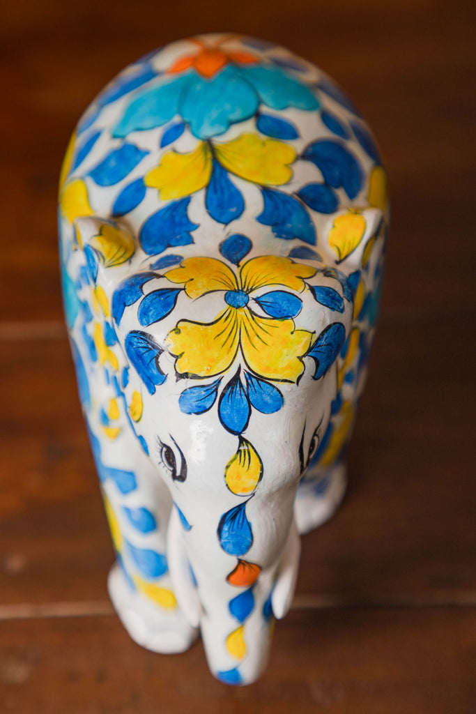 White Wooden Elephant with Blue Pottery Work