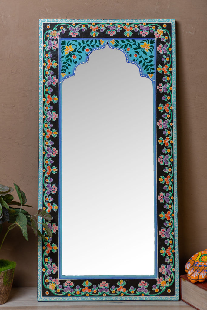 Black Mandir Wooden Mirror with Mehandi Work