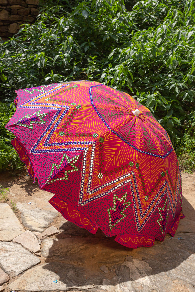 Pink & Red Hand Embroidered Cotton Garden Umbrella