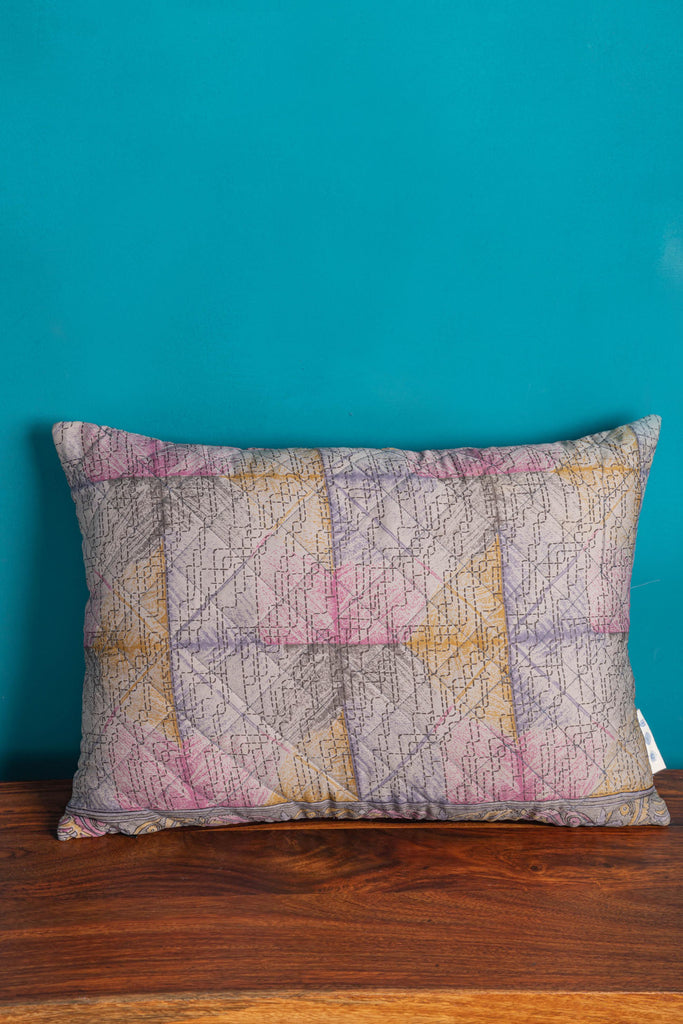 Baby Pink-Yellow Recycled Saree Cushion Cover