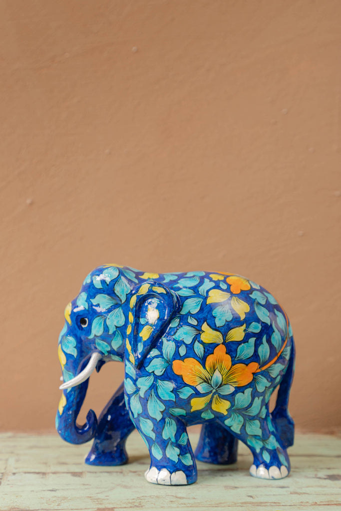 Blue Wooden Elephant with Blue Pottery Work