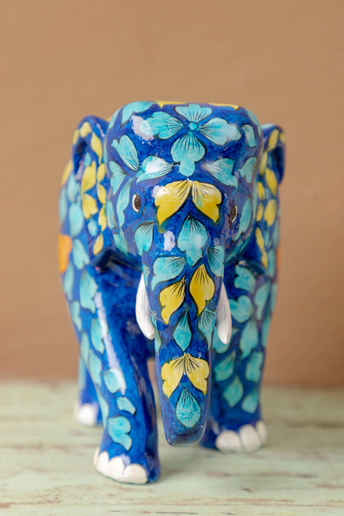 Blue Wooden Elephant with Blue Pottery Work