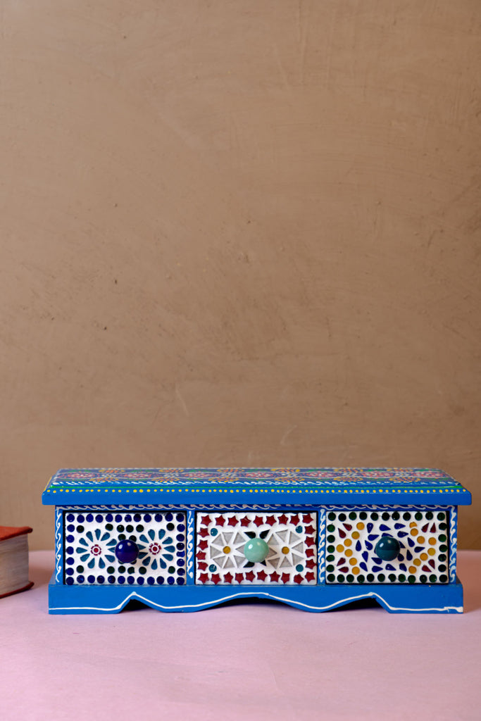Blue Mosaic 3 Drawer Wooden Spice Box