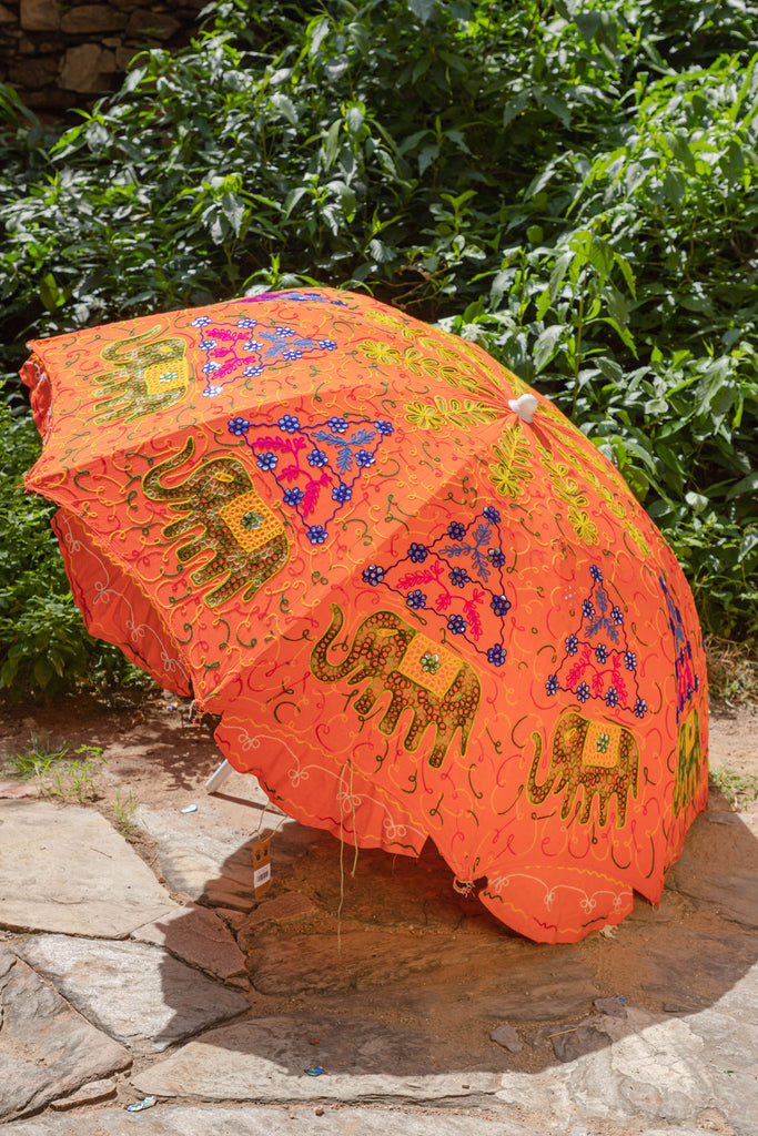 Orange Hand Embroidered Cotton Garden Umbrella