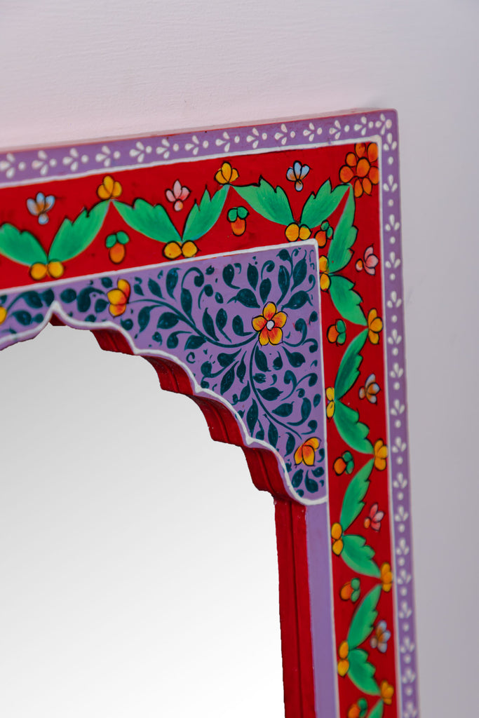 Red Mandir Wooden Mirror with Mehandi Work