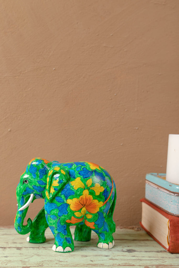 Green Wooden Elephant with Blue Pottery Work