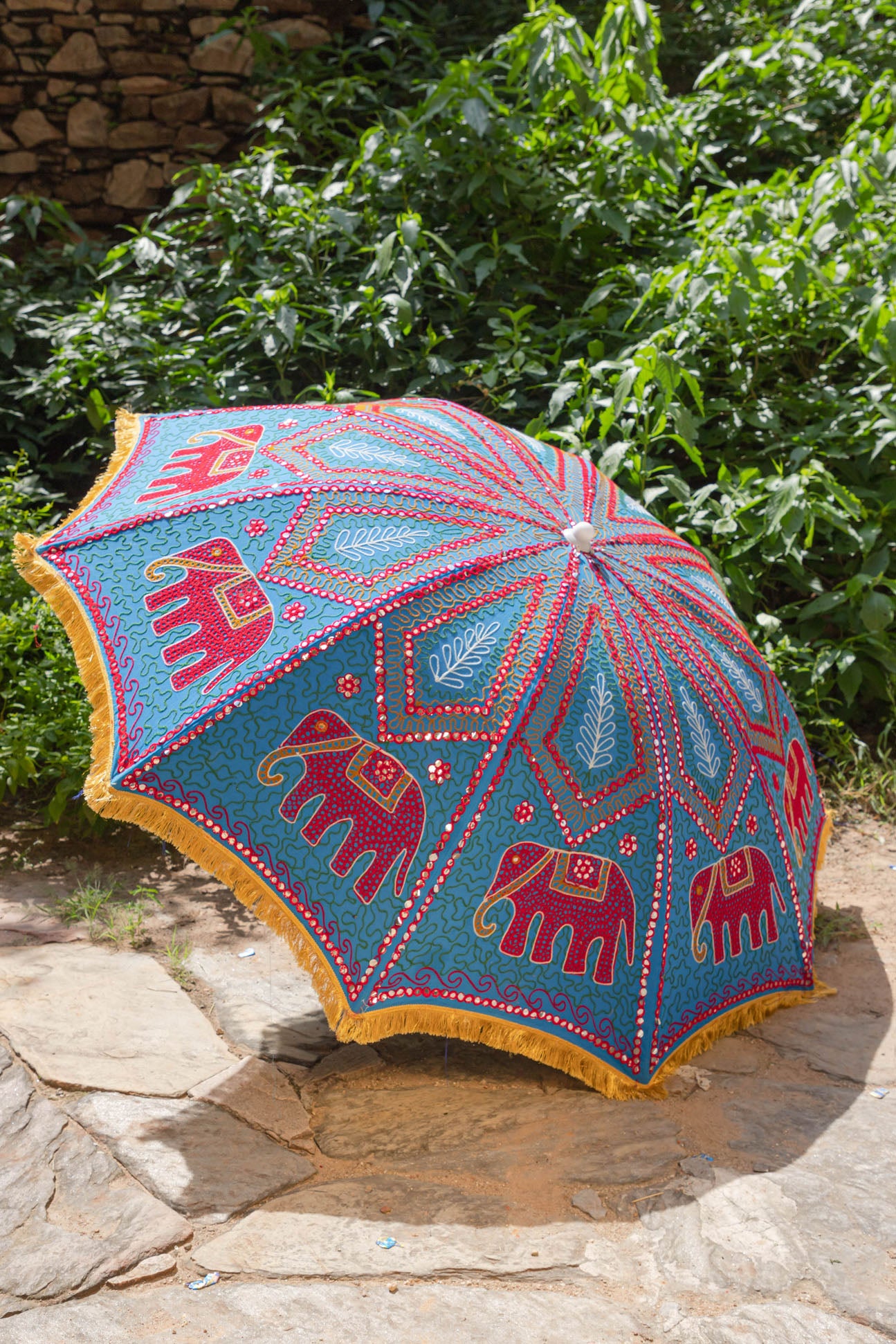 Bird of paradise umbrella~Indian Handmade Vintage Kantha Beautifully discount handcrafted large decorative garden umbrella, handwork beachfront umb