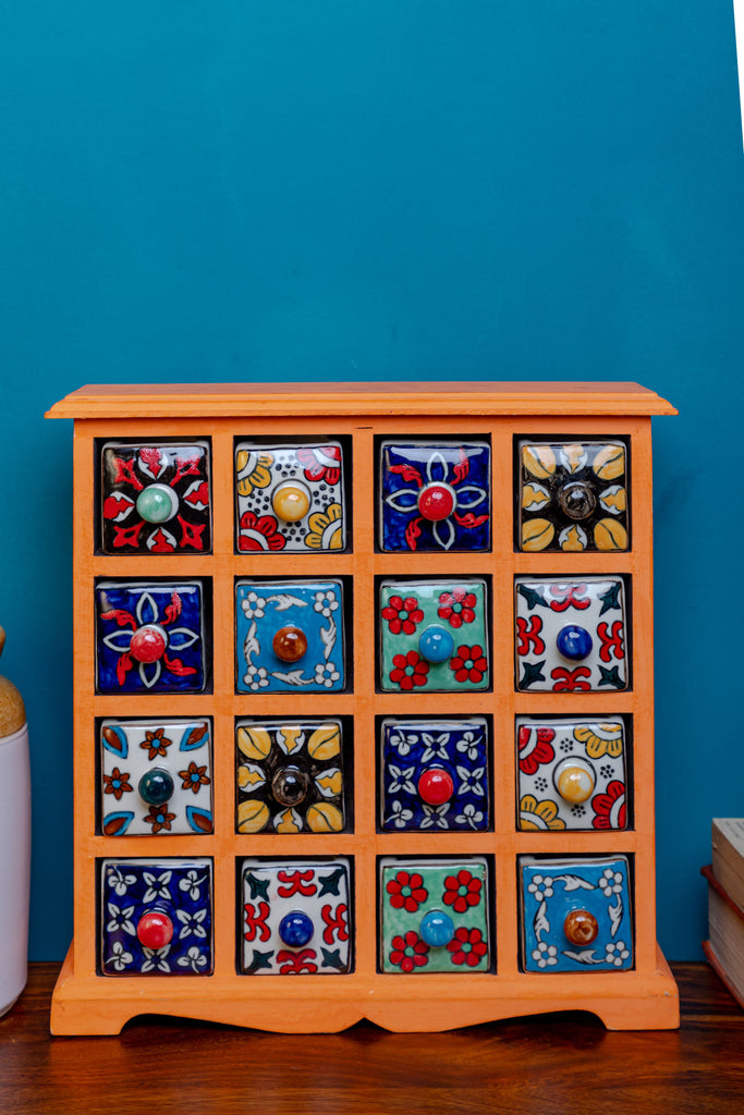 Orange Wooden Chest with 16 Ceramic Drawers
