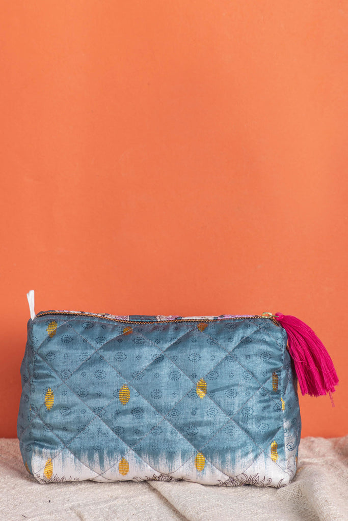 Ice Blue Recycled Saree Beauty Bag