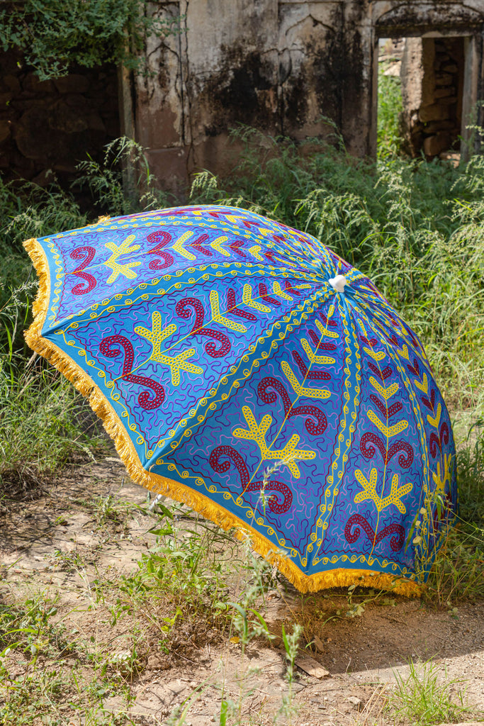 Classic Blue Hand Embroidered Cotton Garden Umbrella