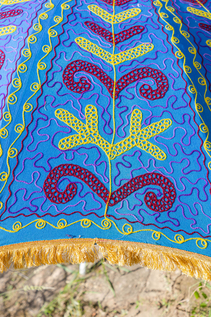 Classic Blue Hand Embroidered Cotton Garden Umbrella