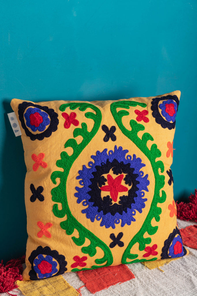 Kalamkari Hand Embroidered Mustard Cushion Cover