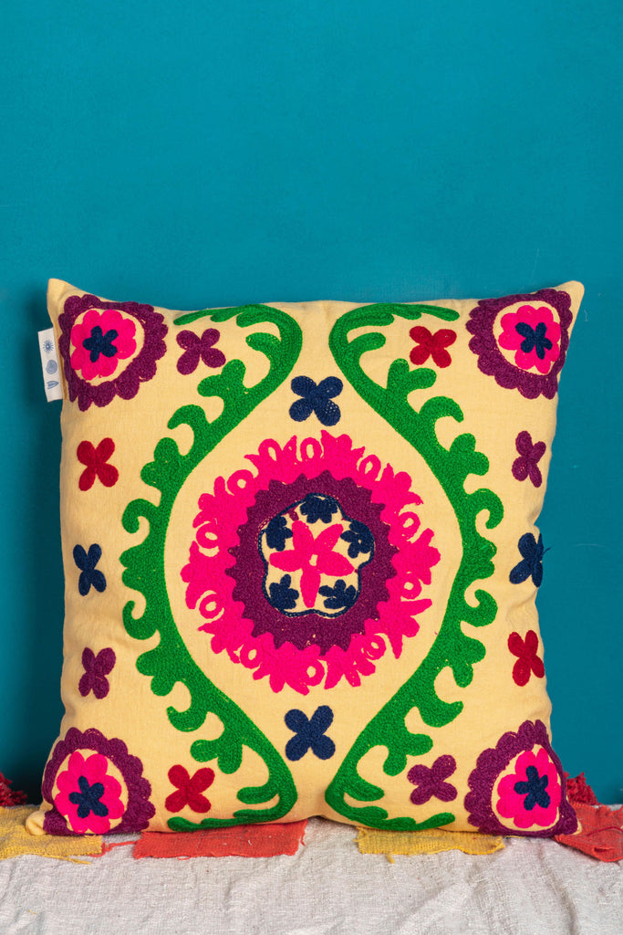 Hand Embroidered Kalamkari Cream Cotton Cushion Cover | Birch&Yarn
