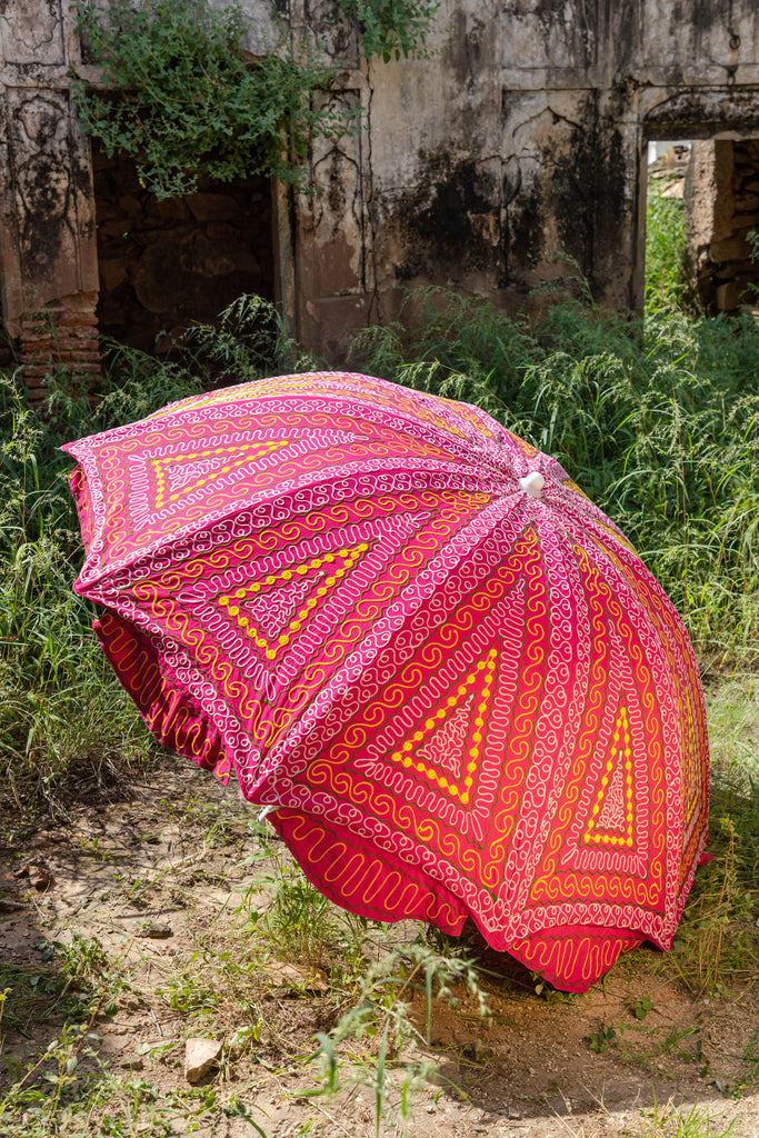 Pink & Yellow Hand Embroidered Garden Umbrella