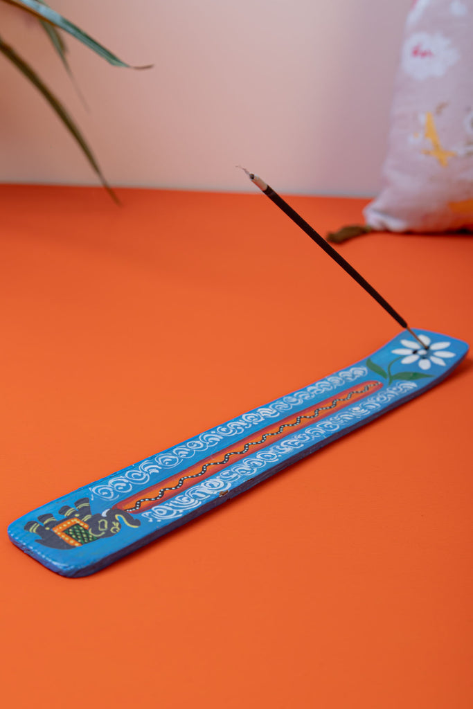 Elephant Blue Hand Painted Wooden Incense Holder | Birch&Yarn