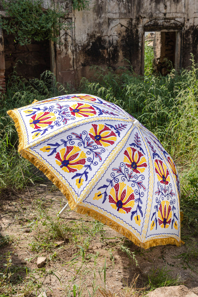 White Hand Embroidered Cotton Garden Umbrella
