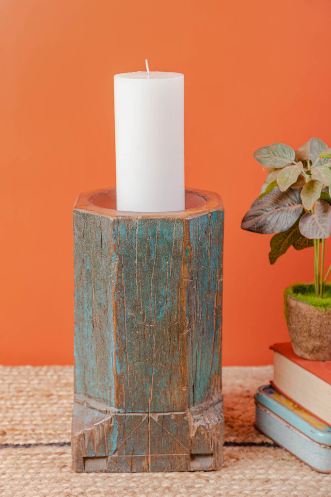 Rustic Green Blue Vintage wooden Candle Stand