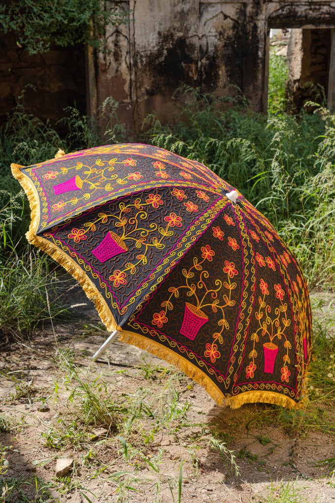 Black Hand Embroidered Cotton Garden Umbrella 