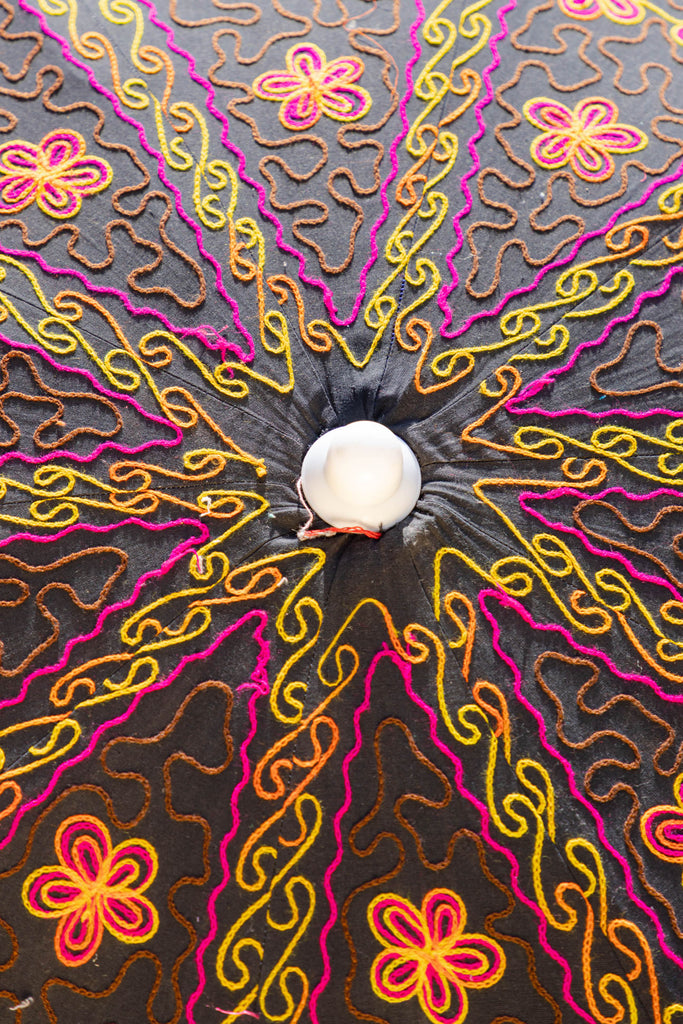 Black Hand Embroidered Cotton Garden Umbrella