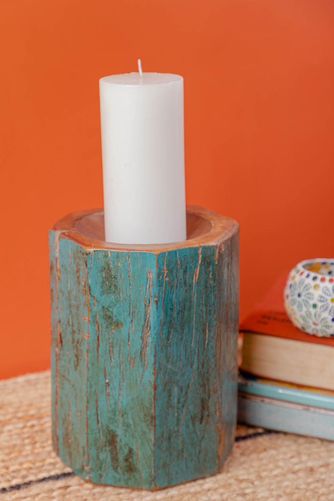 Rustic Green Vintage Pillar Candle Stand