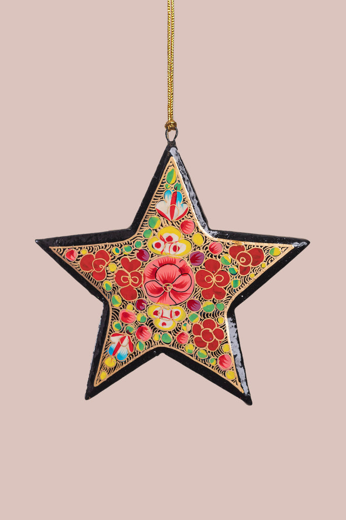 Red & Black Floral Painted Christmas Hanging Star | Birch&Yarn