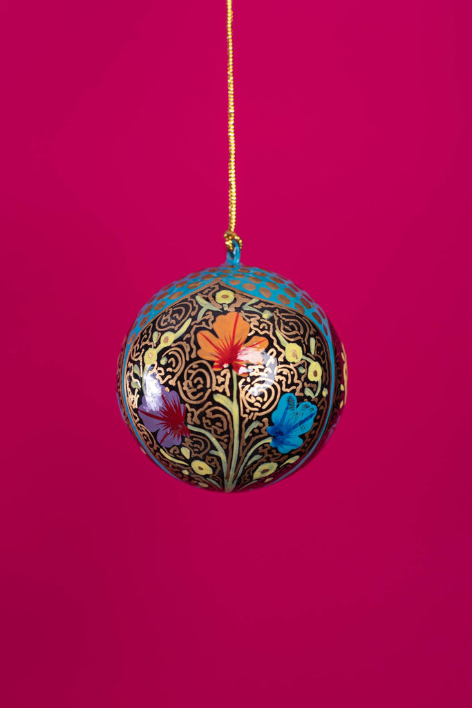 Hand Painted Floral Arched Blue Christmas Bauble | Birch&Yarn