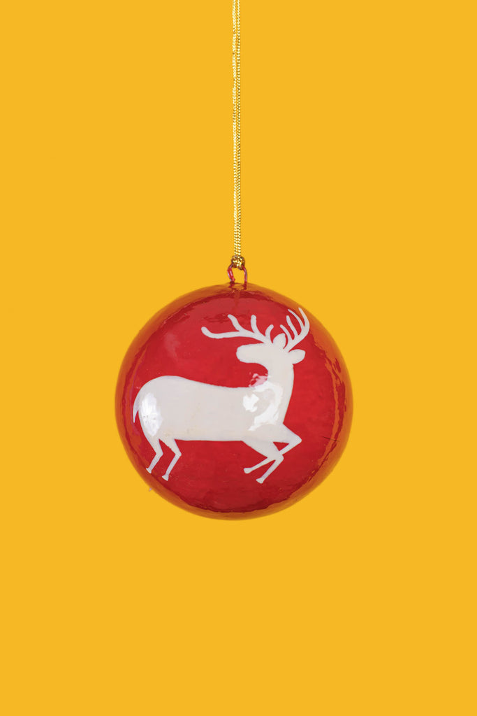 White & Red Christmas Bauble With Reindeer | Birch&Yarn