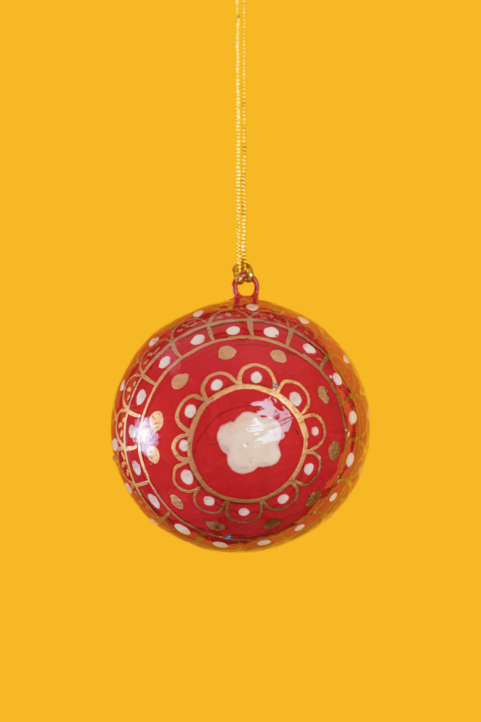 Hand Painted Mandala Gold & Red Christmas Bauble | Birch&Yarn