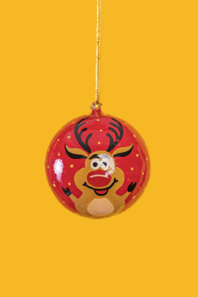 Hand Painted Red Christmas Bauble With Reindeer | Birch&Yarn