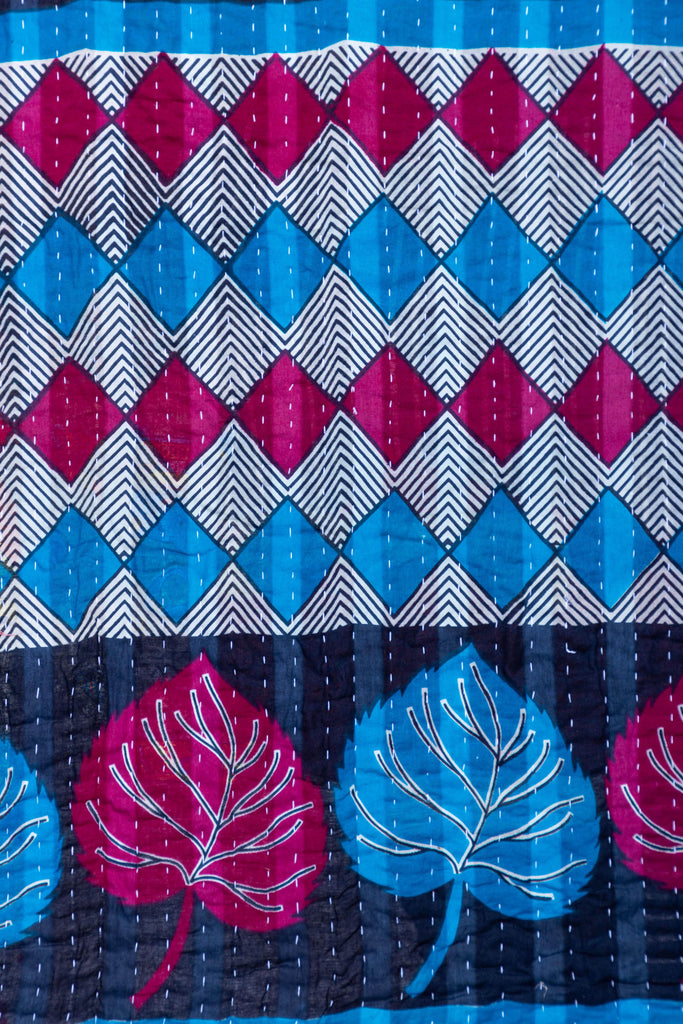 Blue-Pink Striped Vintage Kantha Throw