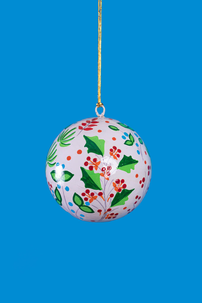 Hand Painted Winter Leaves White Christmas Bauble | Birch&Yarn