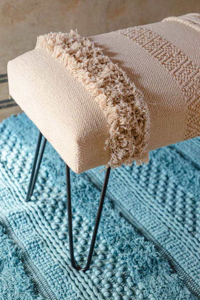 Natural Woven Cotton Bench with Shaggy Sides | Birch&Yarn