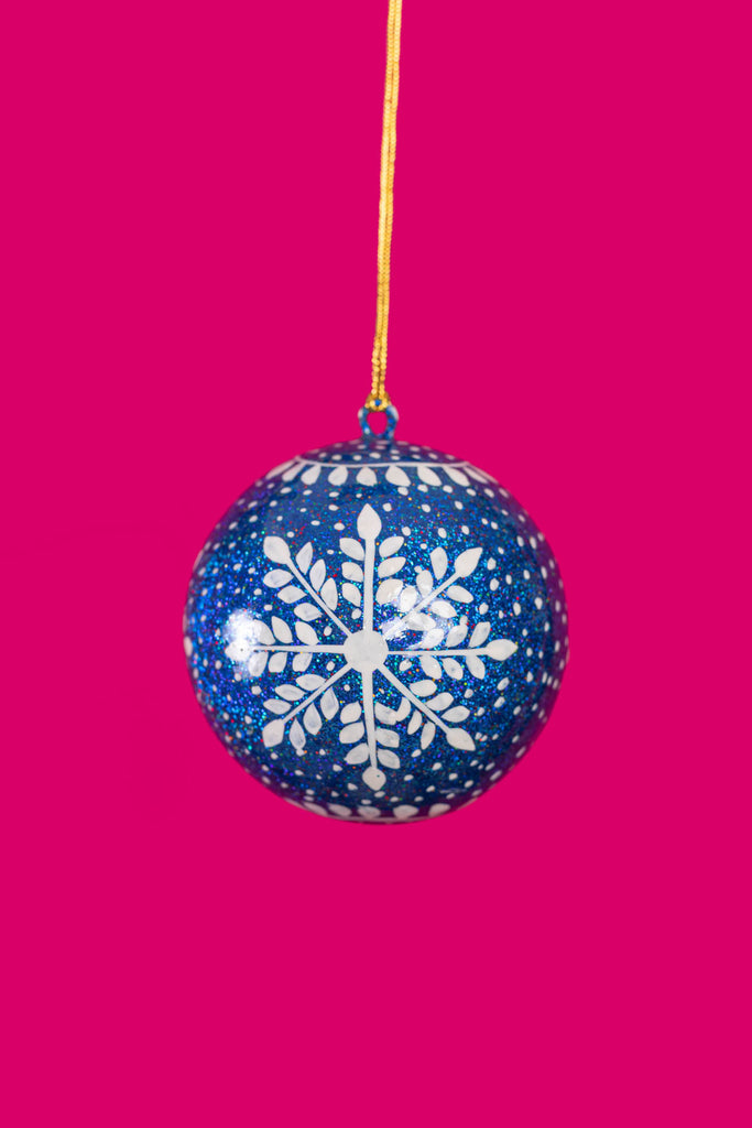 Hand Painted Snowflake Glitter Blue Christmas Bauble | Birch&Yarn