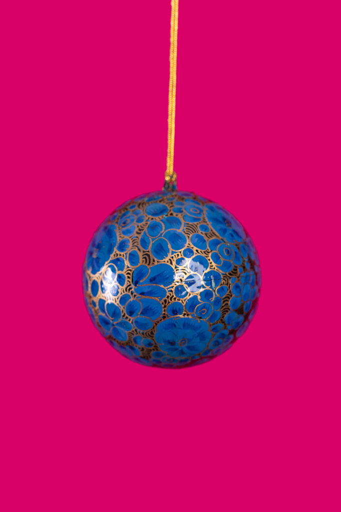 Hand Painted Floral Blue & Gold Christmas Bauble | Birch&Yarn